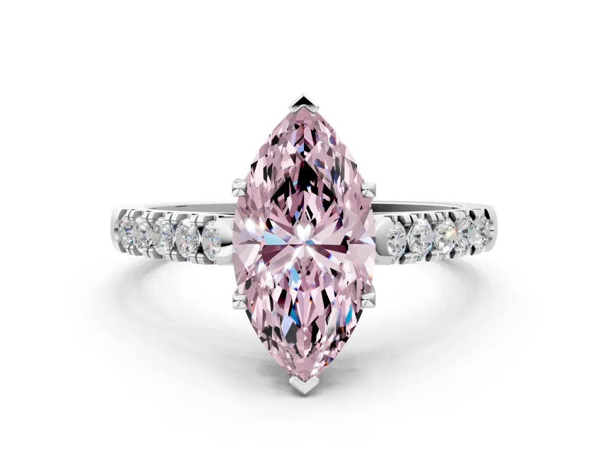 Fancy Pink Marquise Cut Diamond Pavé Band Solitaire Ring with Prong Setting Silver