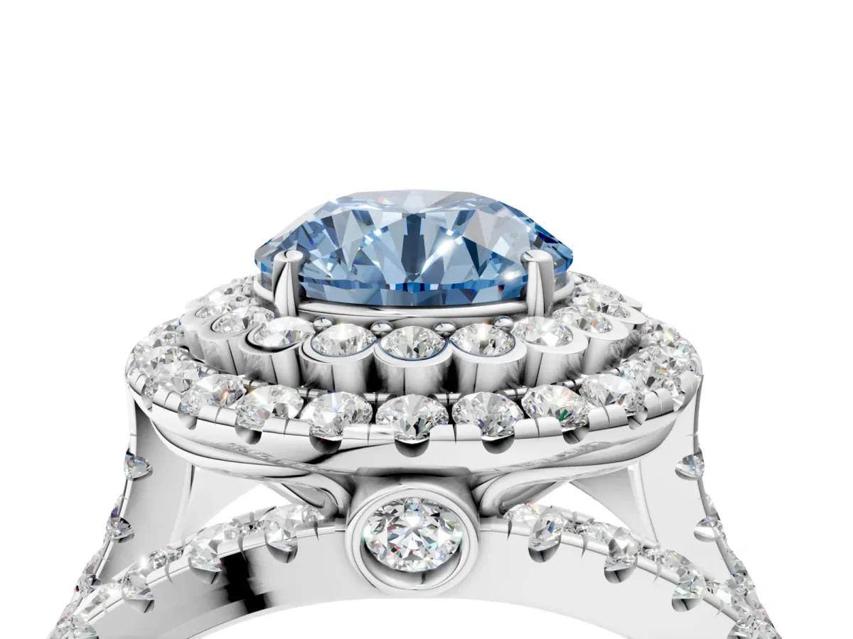 Fancy Blue Round Cut Diamond Double Halo Ring with Round Pavé Split Shank and Prong Setting White gold