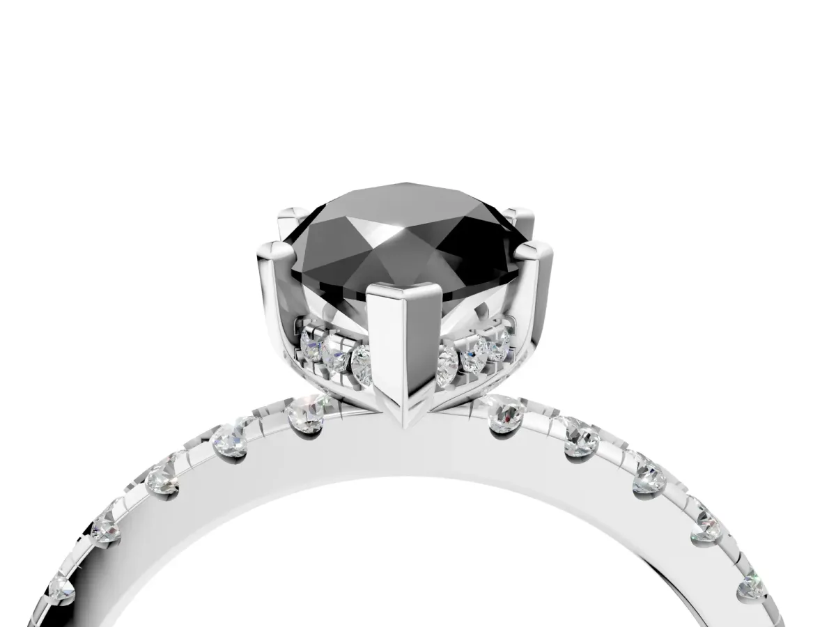 Fancy Black Marquise Cut Diamond Solitaire Ring with Round Pavé Band and Four-Prong Setting Silver