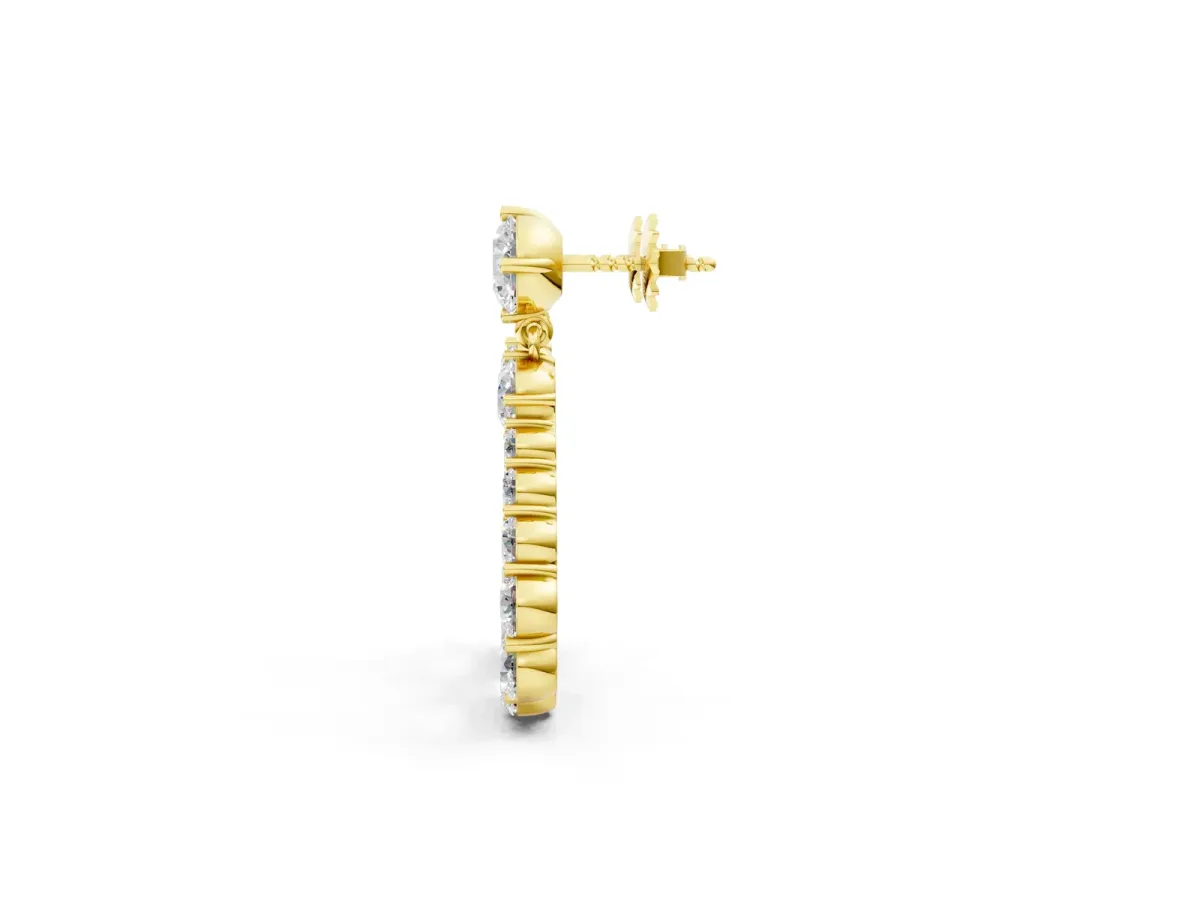 Round Cut Diamond Graduated Shared Prong Drop Earrings Yellow gold
