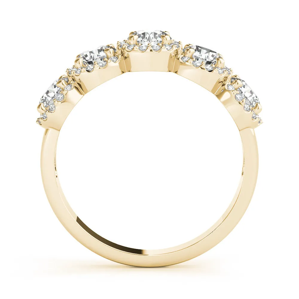 Round Diamond Halo Five-Stone Prong Set Band Yellow gold