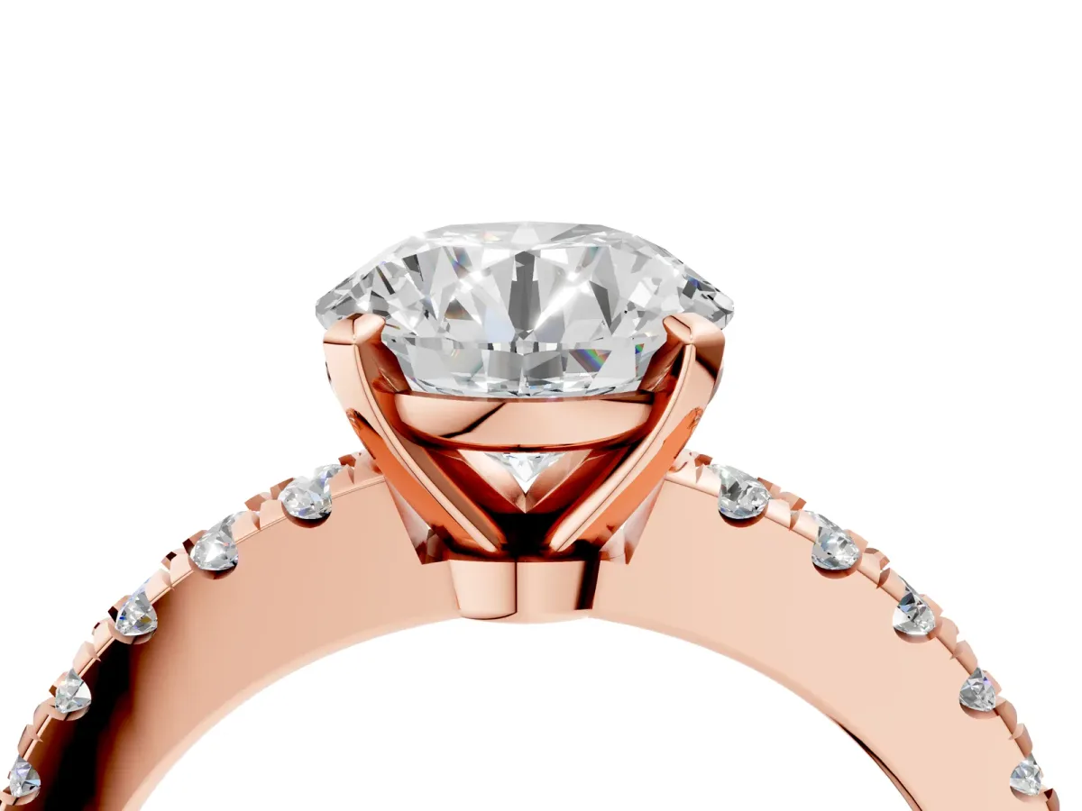 Round Cut Solitaire Diamond with Pavé Band and Four-Prong Setting Rose gold