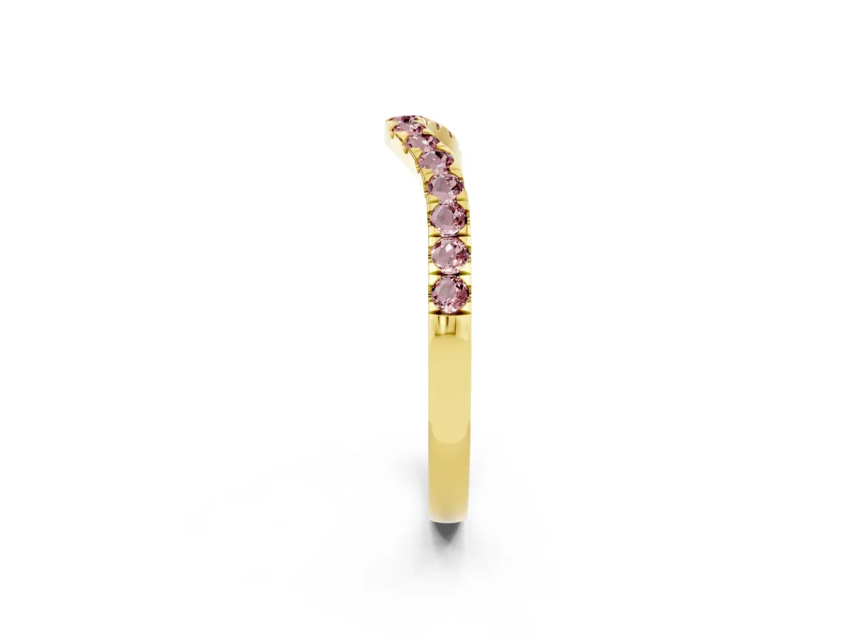 Curved Pavé Round Morganite Wedding Band with Shared Prong Setting Yellow gold