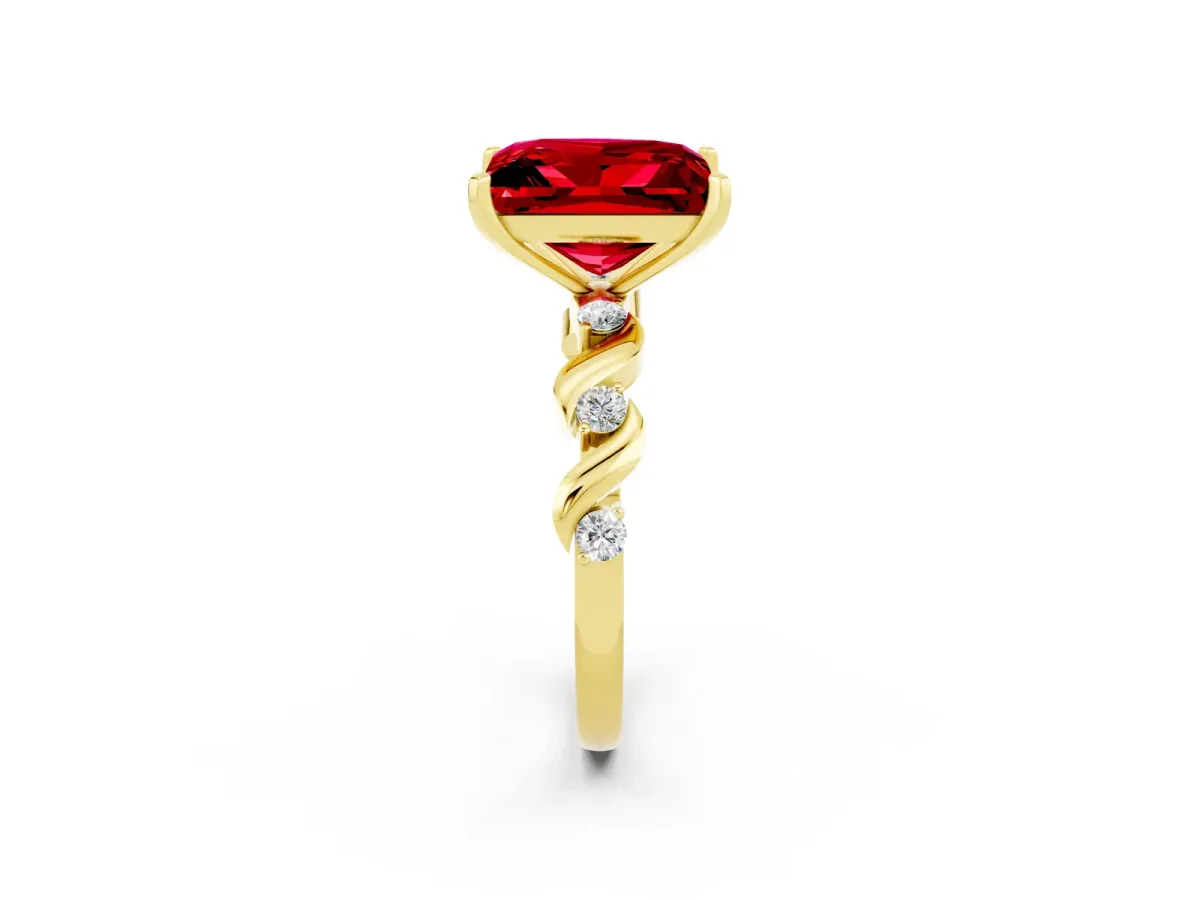 Princess Cut Ruby Solitaire Twisted Band with Round Accents and Prong Setting Yellow gold