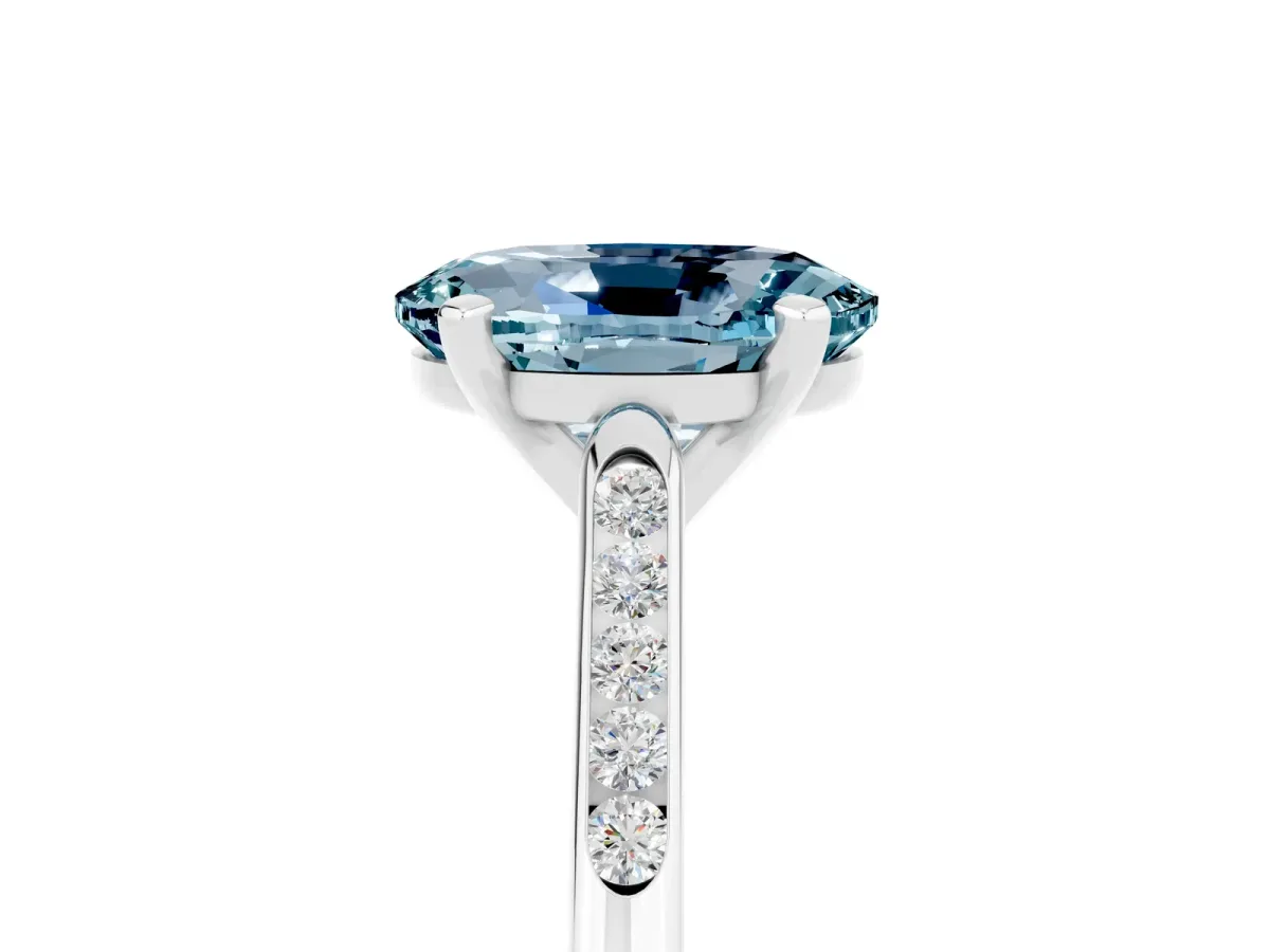 Oval Cut Aquamarine Solitaire Ring with Channel Set Round Band and Prong Setting Silver