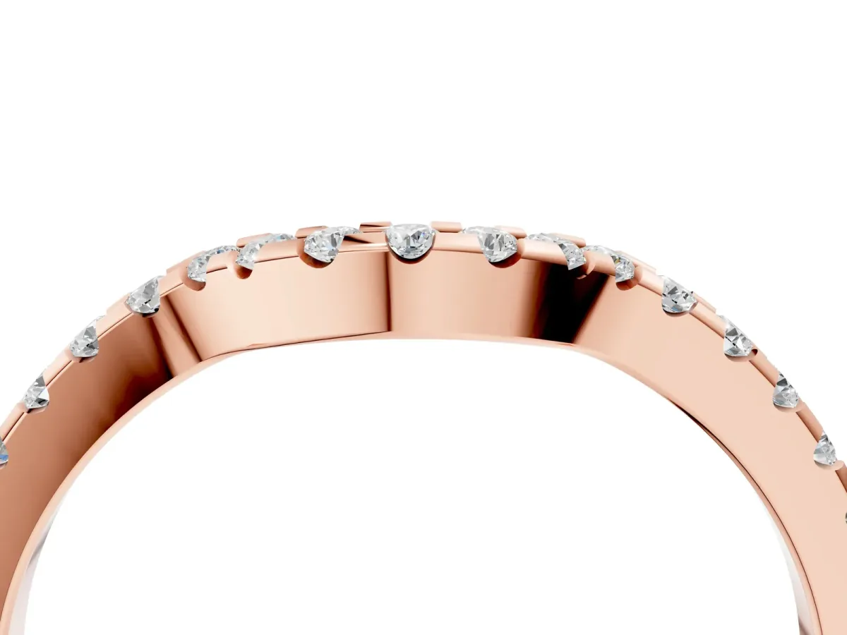 Pavé Round Diamond Curved Wedding Band with Shared Prong Setting Rose gold