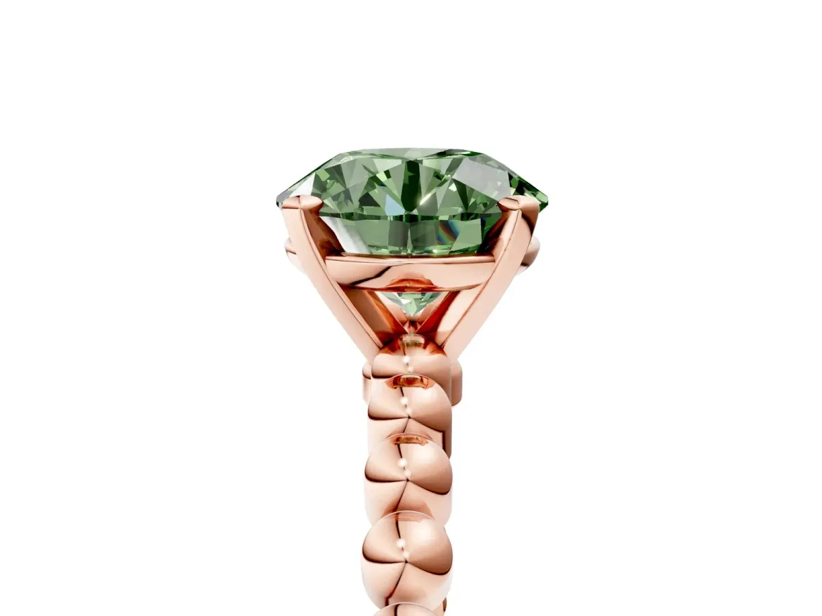 Fancy Green Round Cut Diamond Solitaire Ring with Beaded Band and Prong Setting Rose gold