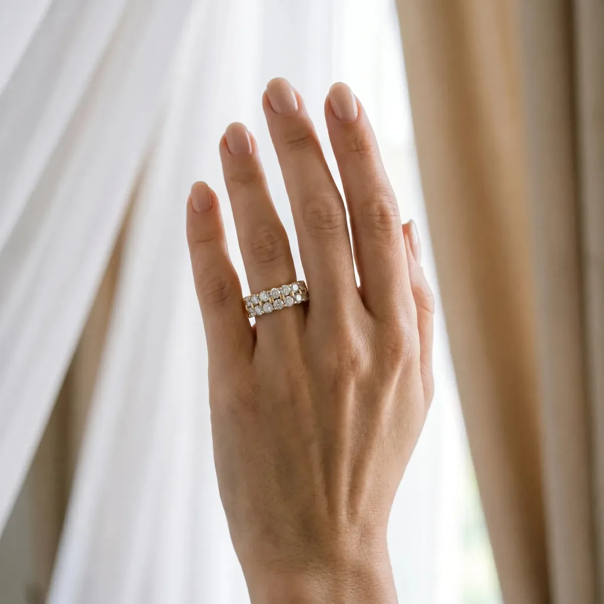 Three-Row Round Diamond Channel Band with Shared Prong Setting Yellow gold