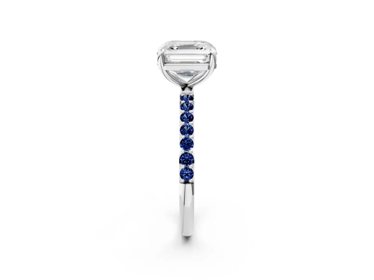 Asscher Cut Diamond Solitaire Ring with Round Blue Sapphire Pavé Band and Prong Setting Silver