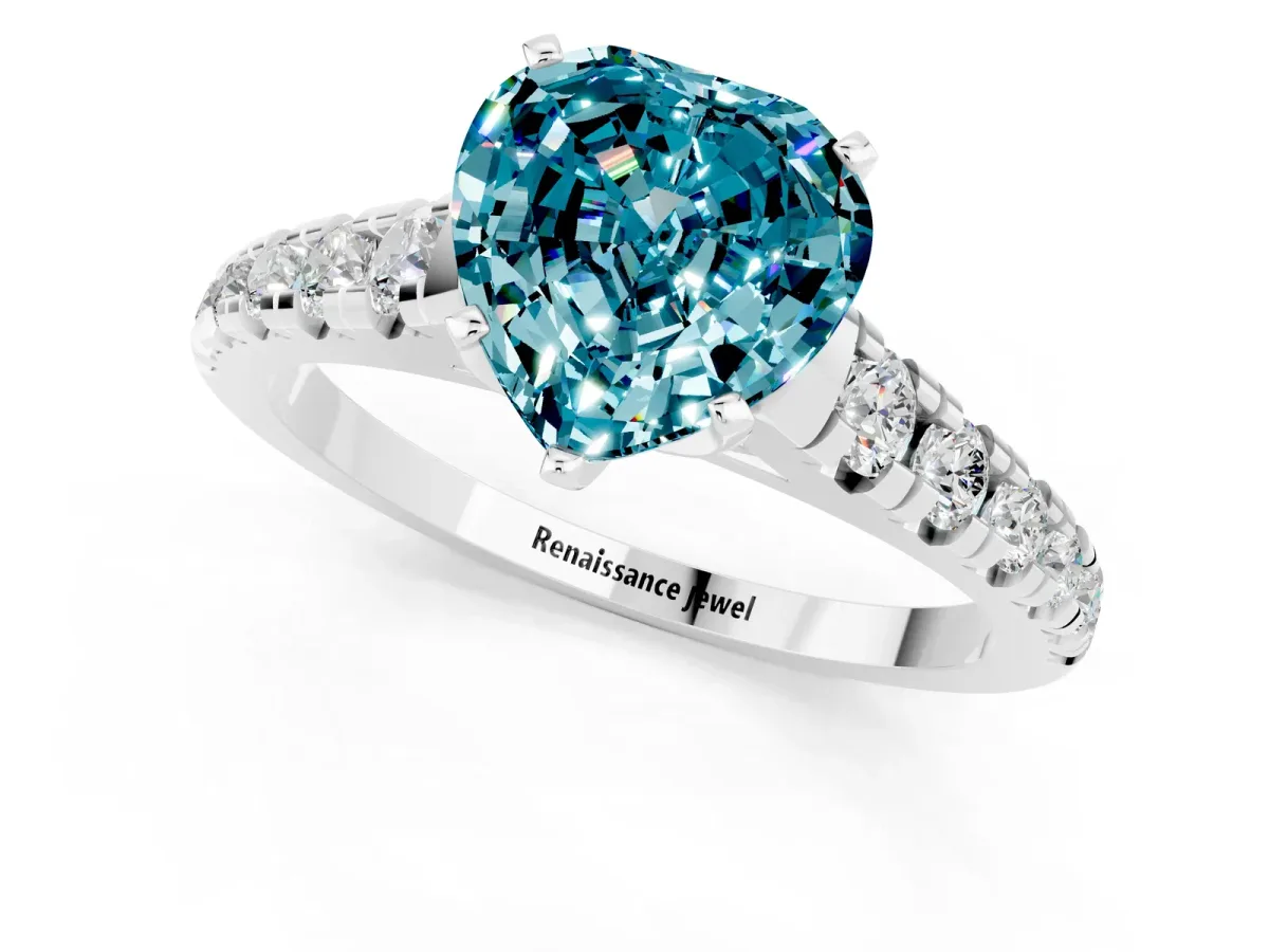 Heart Cut Blue Topaz Cathedral Solitaire Ring with Round Pavé Band Silver