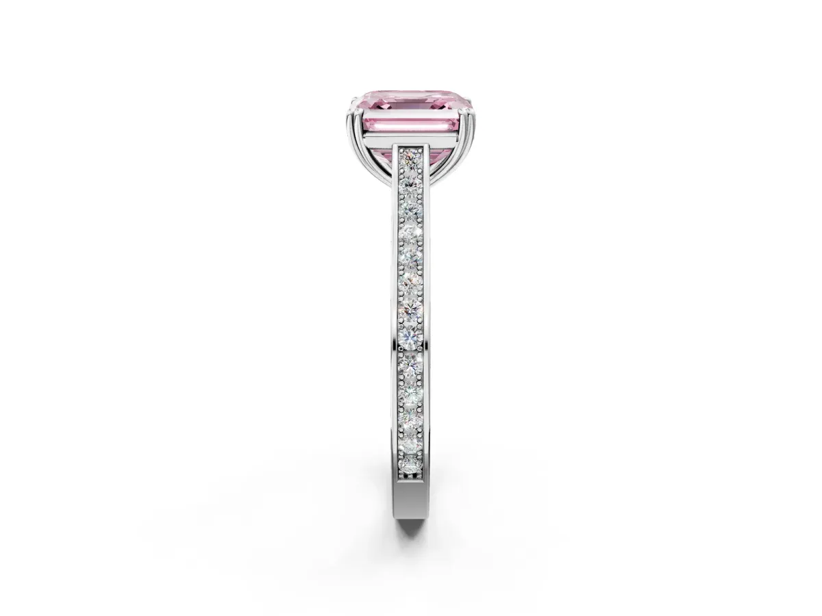Fancy Pink Asscher Cut Diamond Solitaire with Pave Band and Six-Prong Setting Platinum