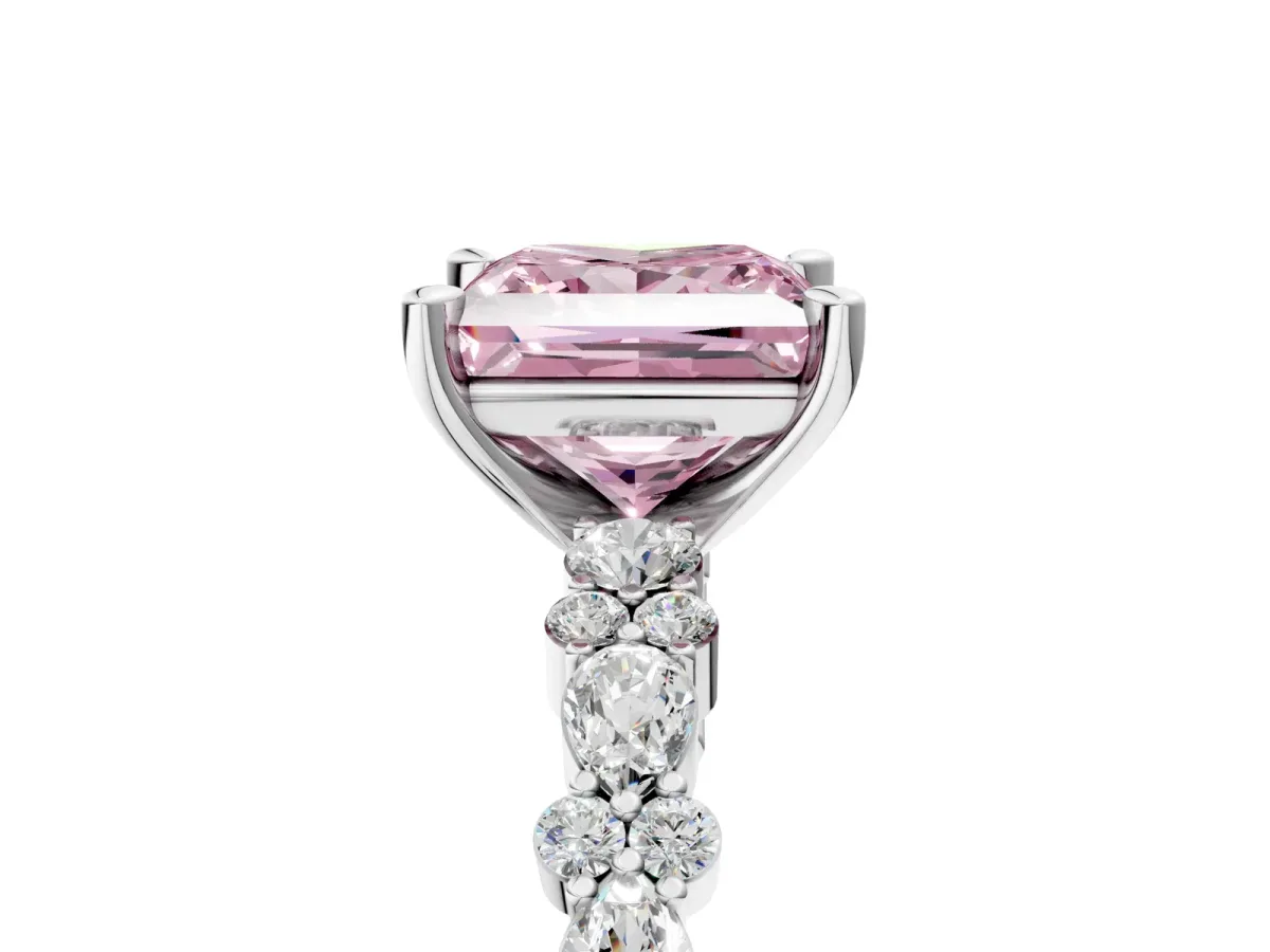 Fancy Pink Princess Cut Diamond Side Stone Solitaire Ring with Round and Four-Prong Setting Silver