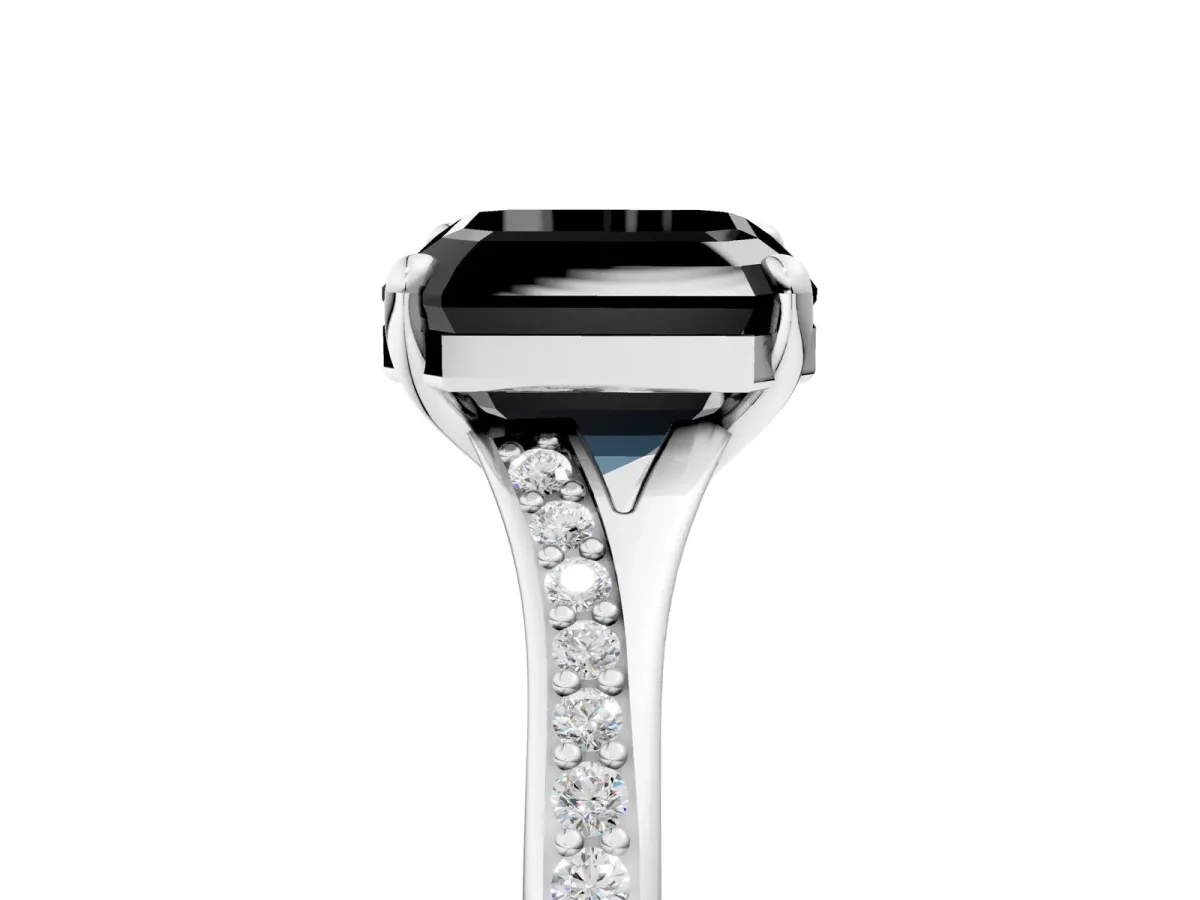 Fancy Black Asscher Cut Diamond Solitaire Ring with Pavé Band and Prong Setting Platinum