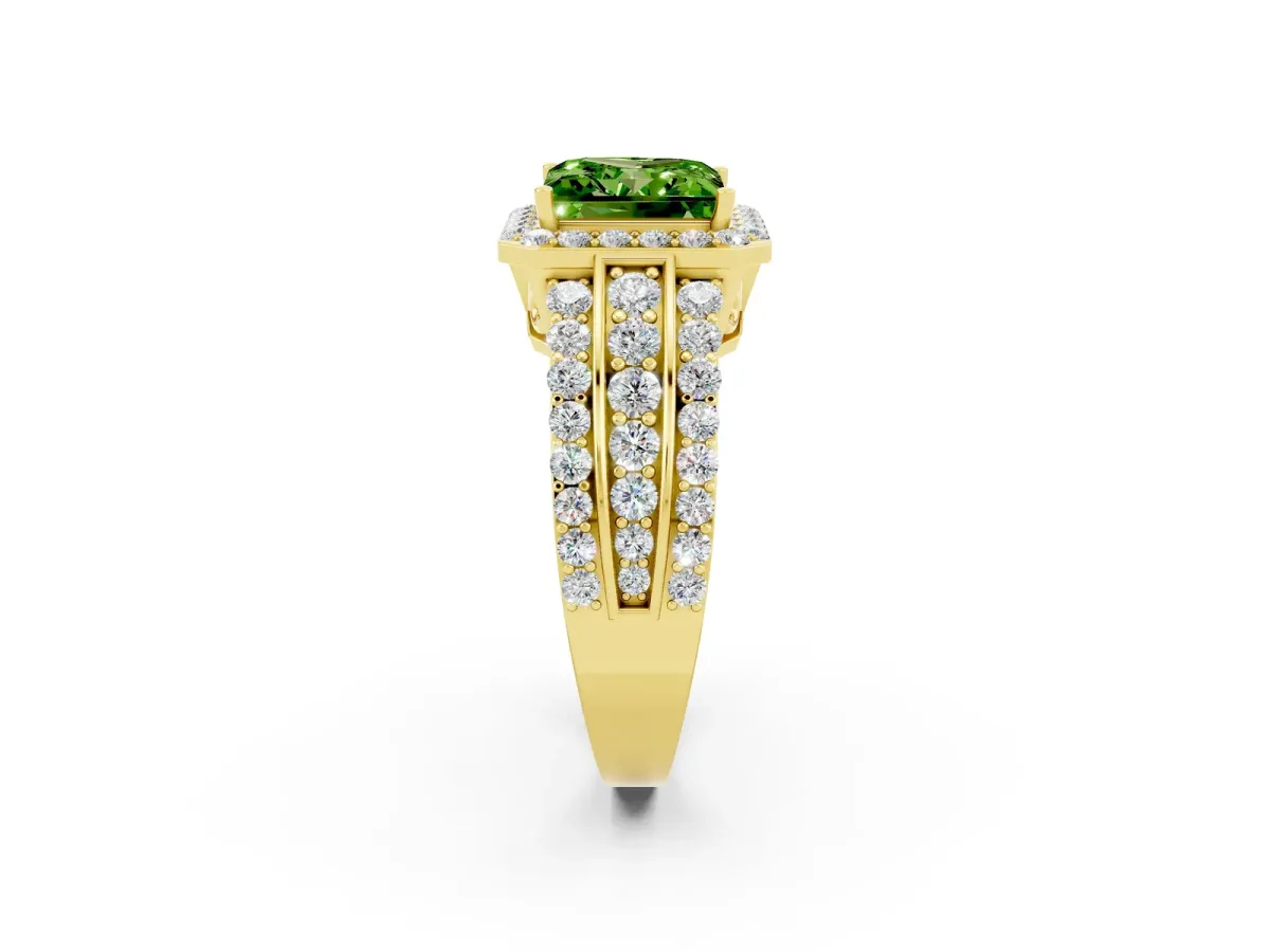 Princess Cut Halo Peridot Ring with Round Split Shank and Prong Setting Yellow gold