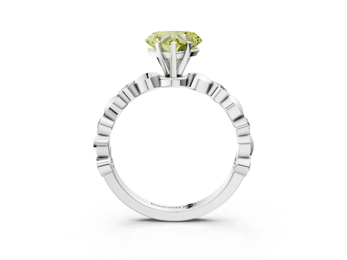 Fancy Yellow Heart Cut Solitaire Bezel-Set Diamond Ring with Beaded Band and Four-Prong Setting Silver