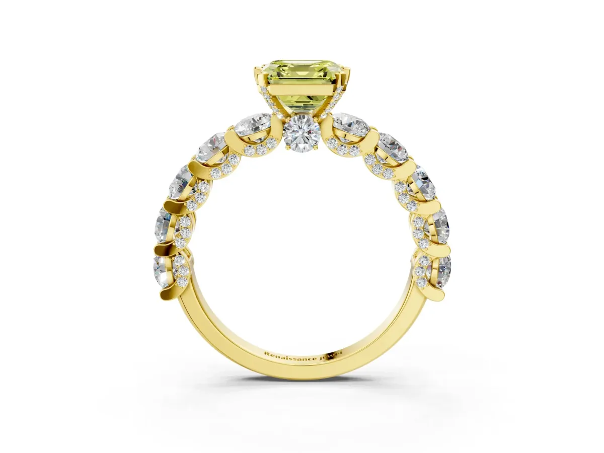Fancy Yellow Asscher Cut Diamond Side Stone Engagement Ring with Four-Prong Setting Yellow gold