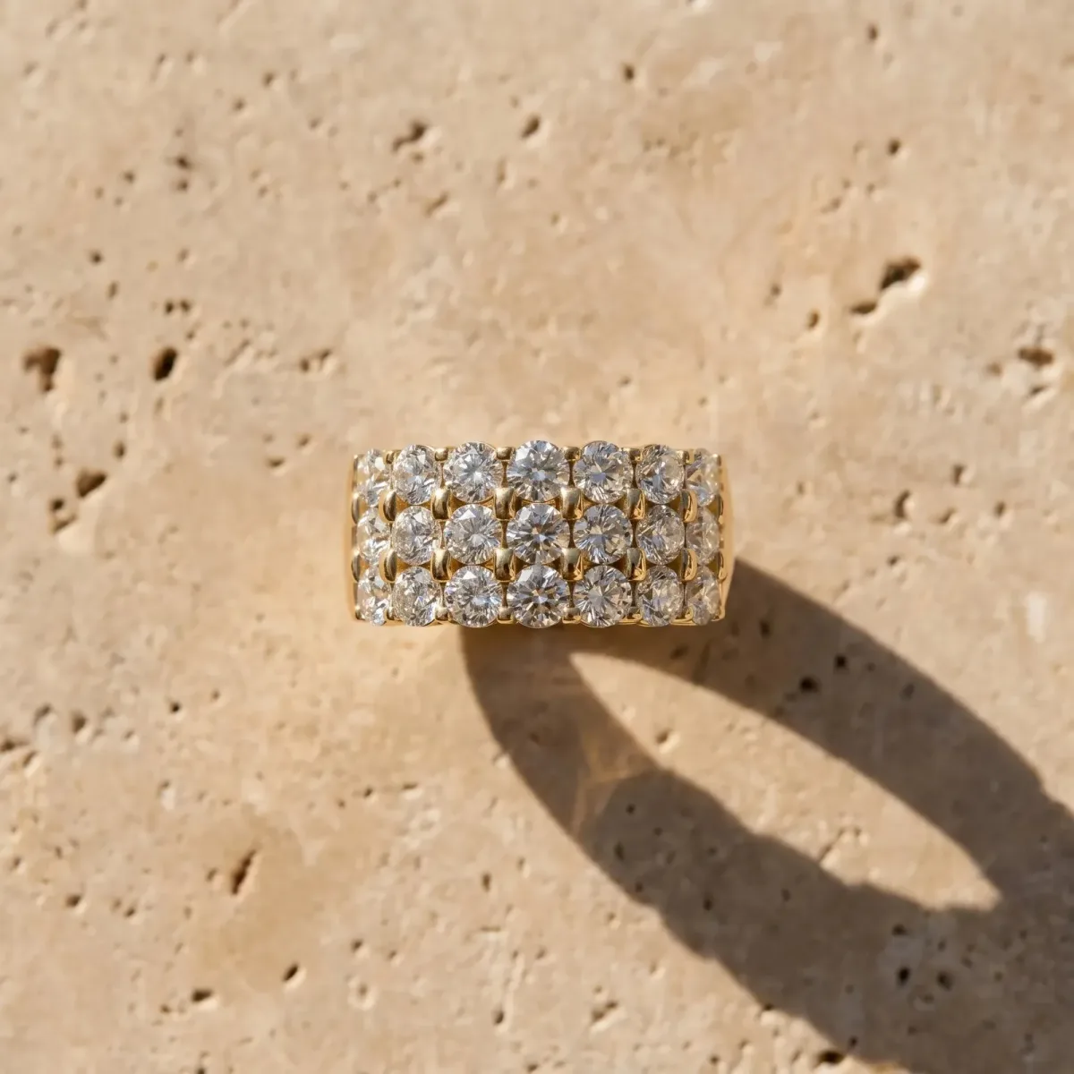 Three-Row Round Diamond Channel Band with Shared Prong Setting Yellow gold