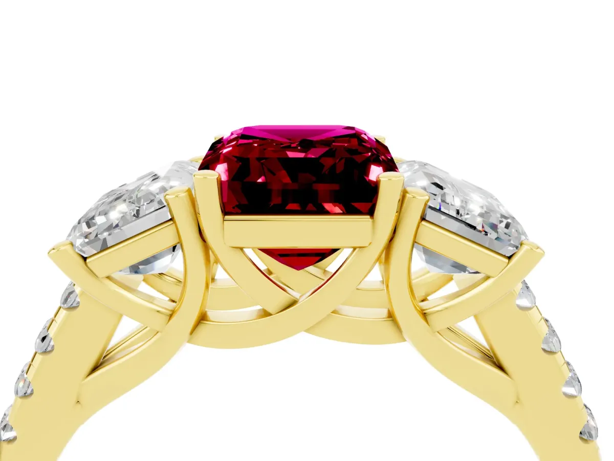 Three-Stone Emerald Cut Garnet Ring with Round Pavé Band and Prong Setting Yellow gold