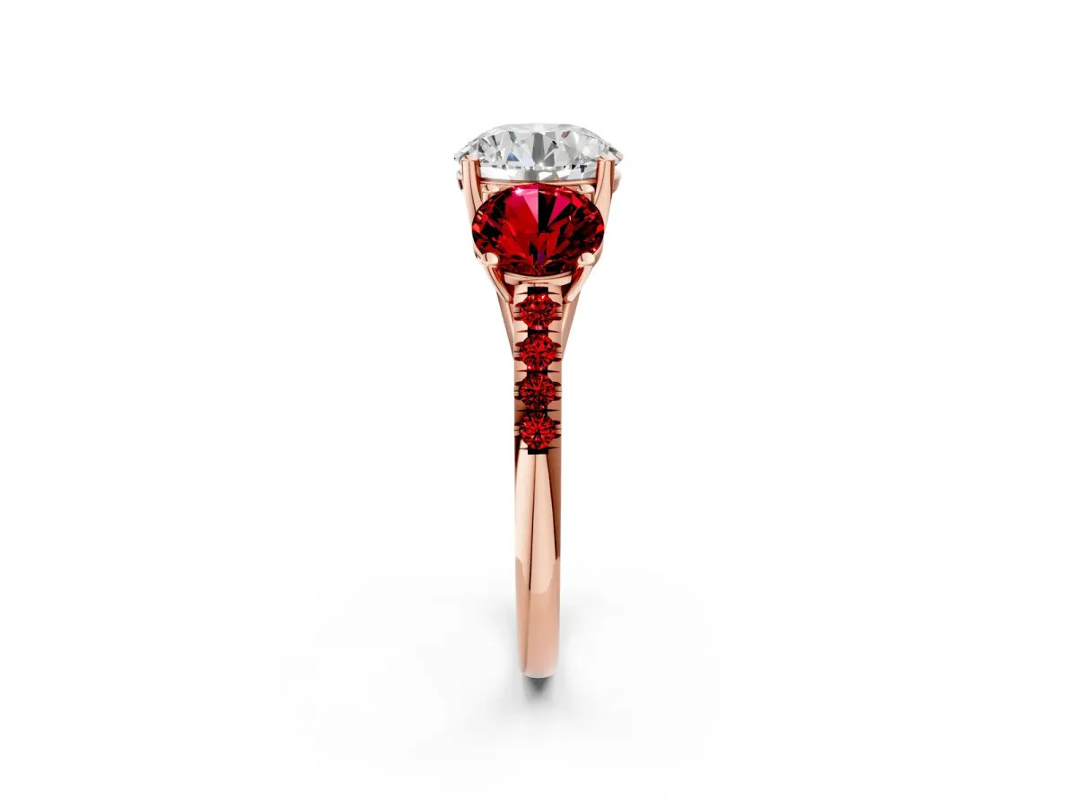 Three-Stone Round Cut Diamond Ring with Round Ruby Pavé Band and Prong Setting Rose gold