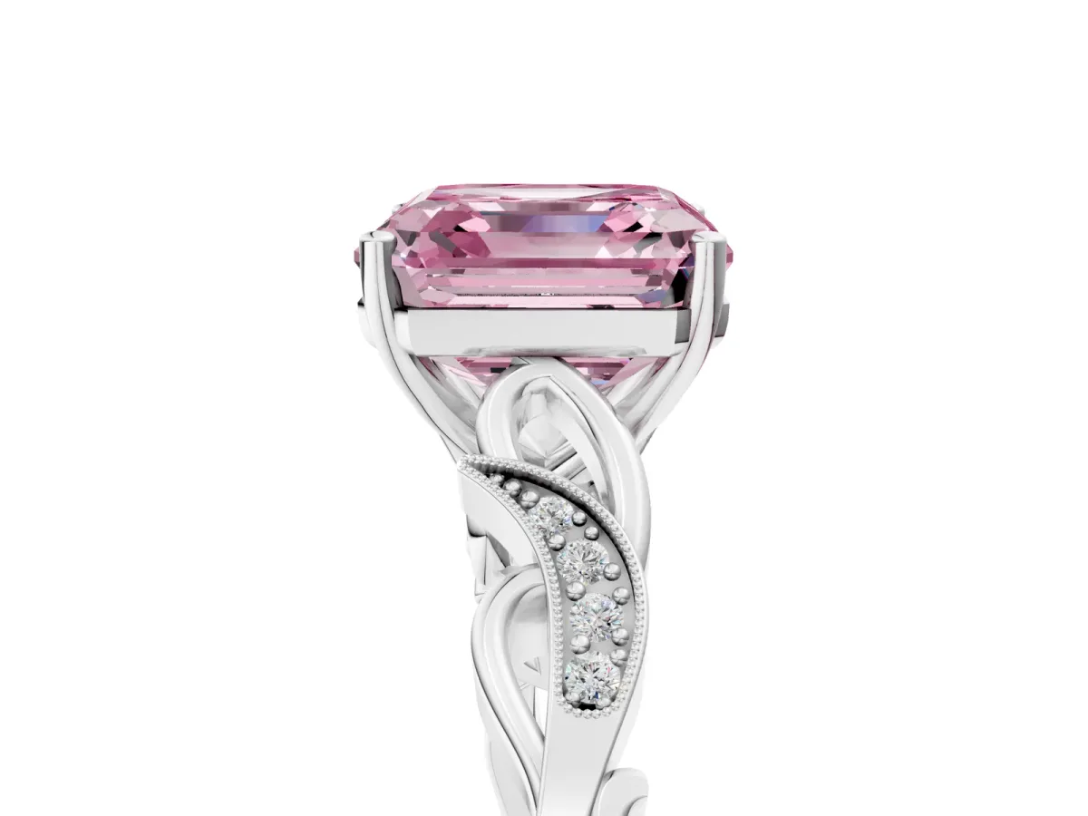 Fancy Pink Asscher Cut Solitaire Vine Band with Milgrain Prong Setting Platinum