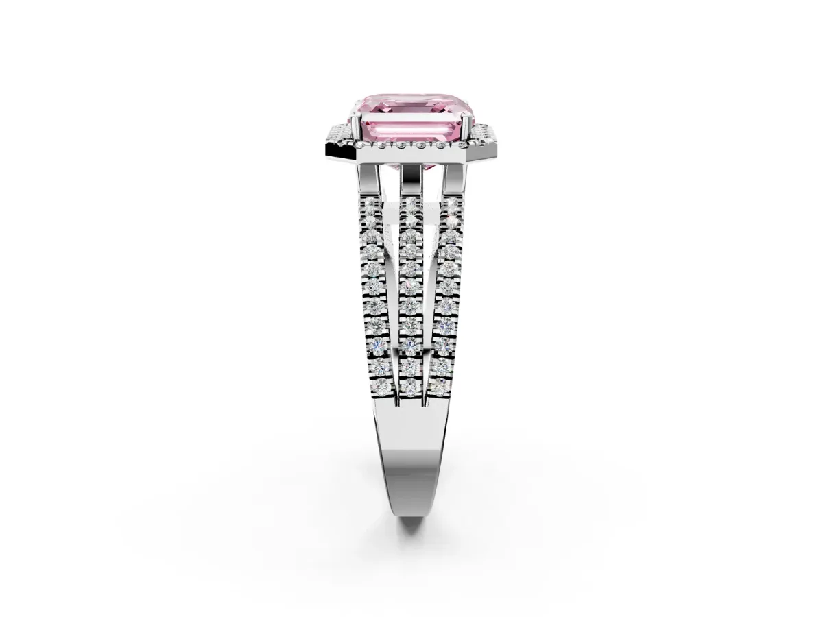 Fancy Pink Asscher Cut Diamond Halo Engagement Ring with Split Shank and Four-Prong Setting Platinum