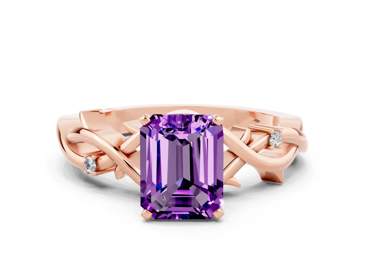 Emerald Cut Amethyst Solitaire Ring with Twisted Band and Prong Setting Rose gold
