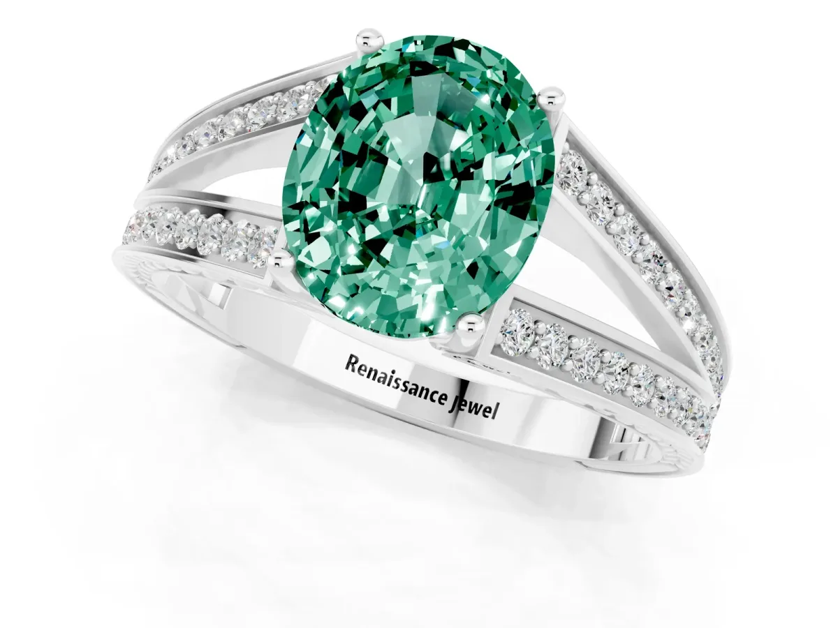 Oval Cut Green Sapphire Split Shank Ring with Pavé Band and Four-Prong Setting White gold