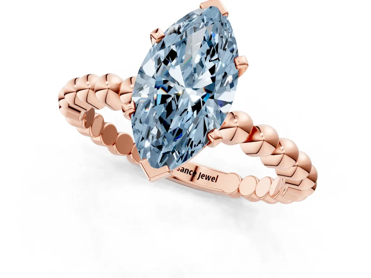 Fancy Blue Marquise Cut Diamond Solitaire Ring with Beaded Band and Prong Setting Rose gold