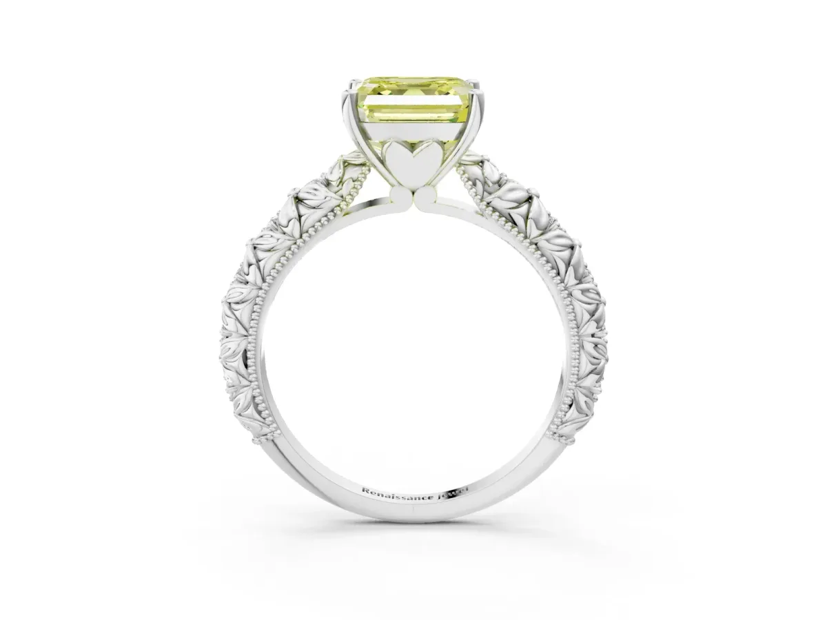Fancy Yellow Asscher Cut Solitaire Floral Milgrain Engagement Ring Platinum