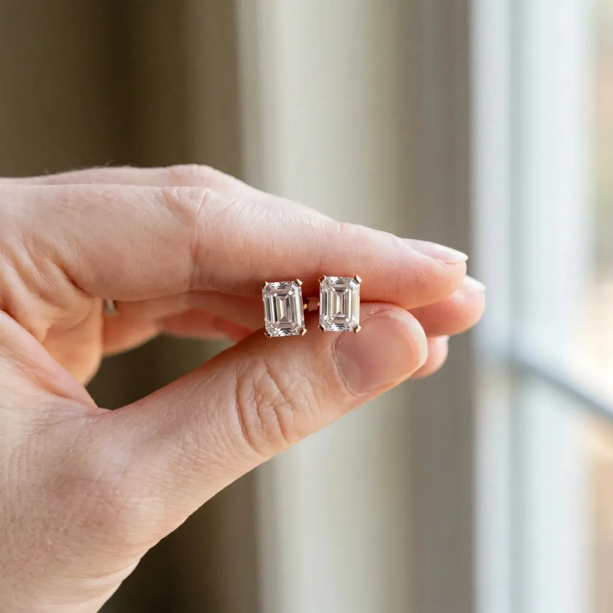 Emerald Cut Diamond Stud Earrings Rose gold