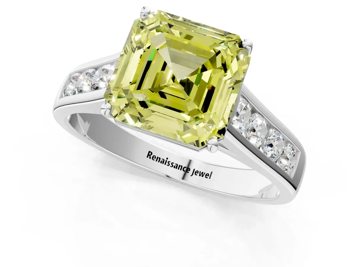 Fancy Yellow Asscher Cut Solitaire Channel-Set Diamond Engagement Ring with Four-Prong Setting Platinum