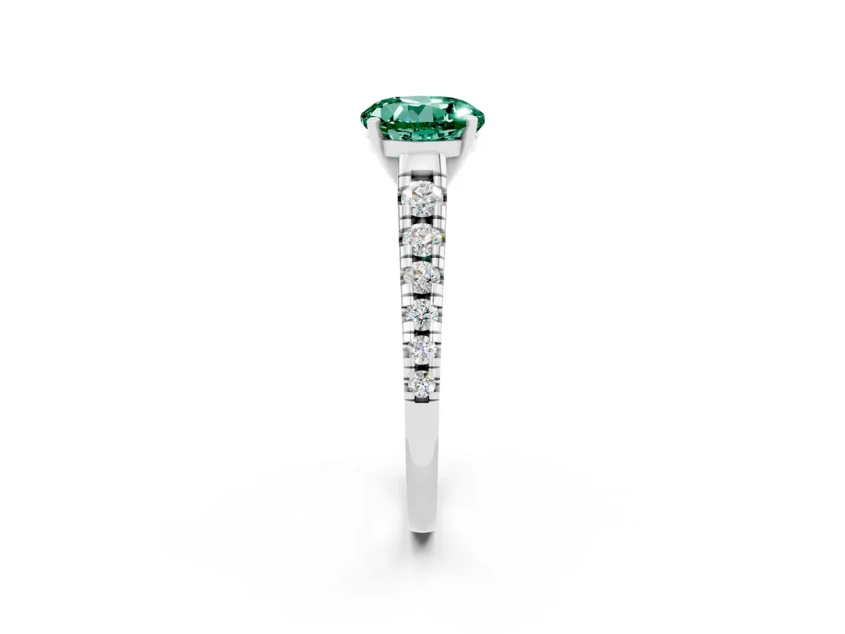 Round Cut Green Sapphire Cathedral Solitaire Ring with Round Pavé Band Silver