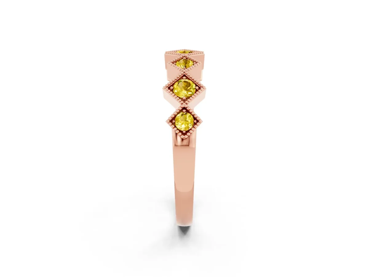 Milgrain Square Bezel Round Yellow Sapphire Chevron Band Rose gold