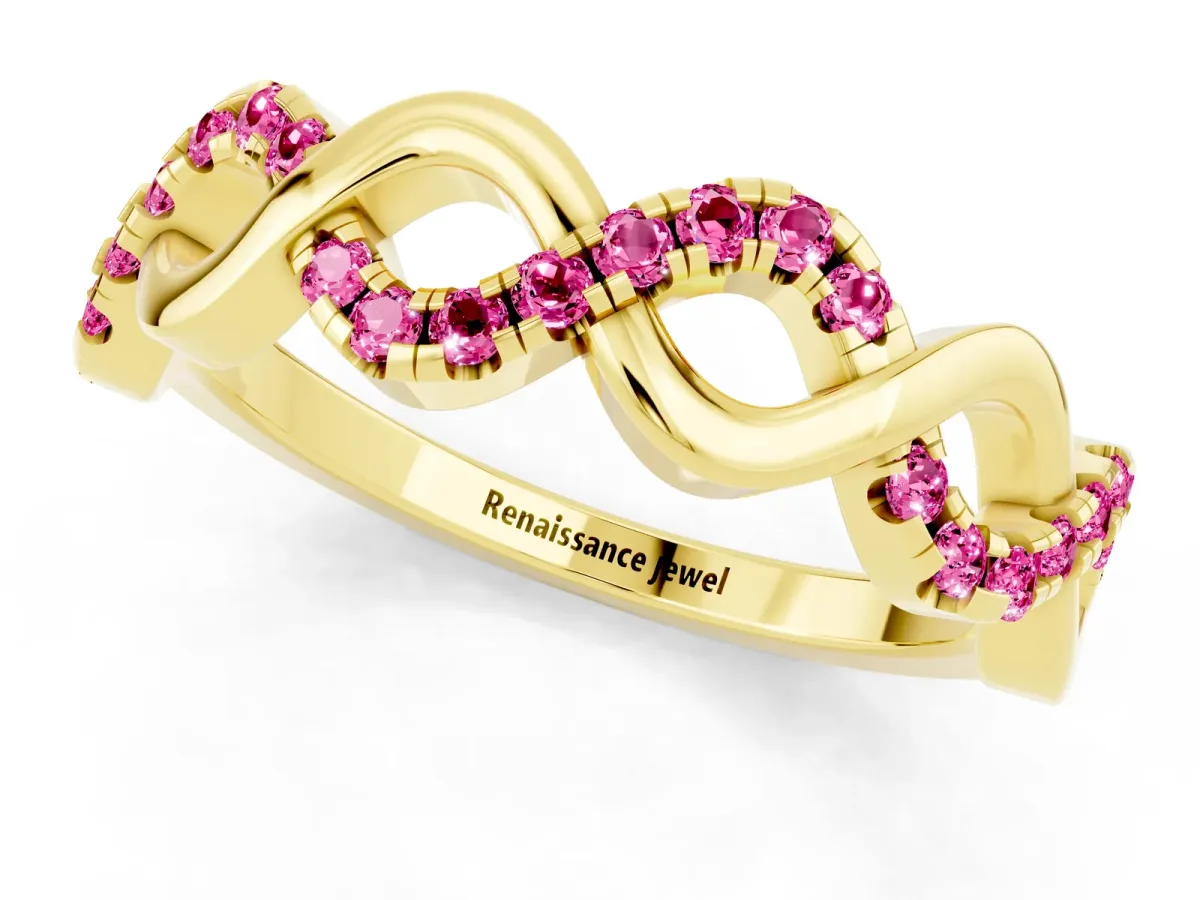 Twist Infinity Round Pink Sapphire Band with Pavé Setting Yellow gold