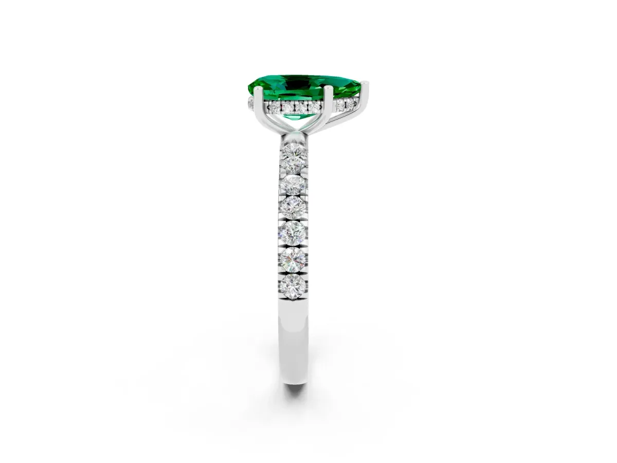 Pear Cut Emerald Pave Band Solitaire Ring with Round and Prong Setting Platinum