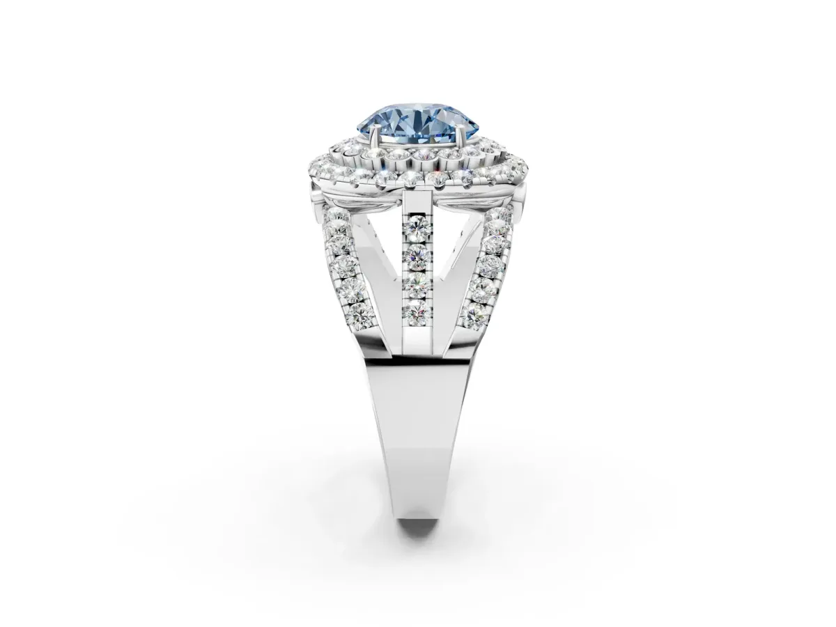 Fancy Blue Round Cut Diamond Double Halo Ring with Round Pavé Split Shank and Prong Setting White gold