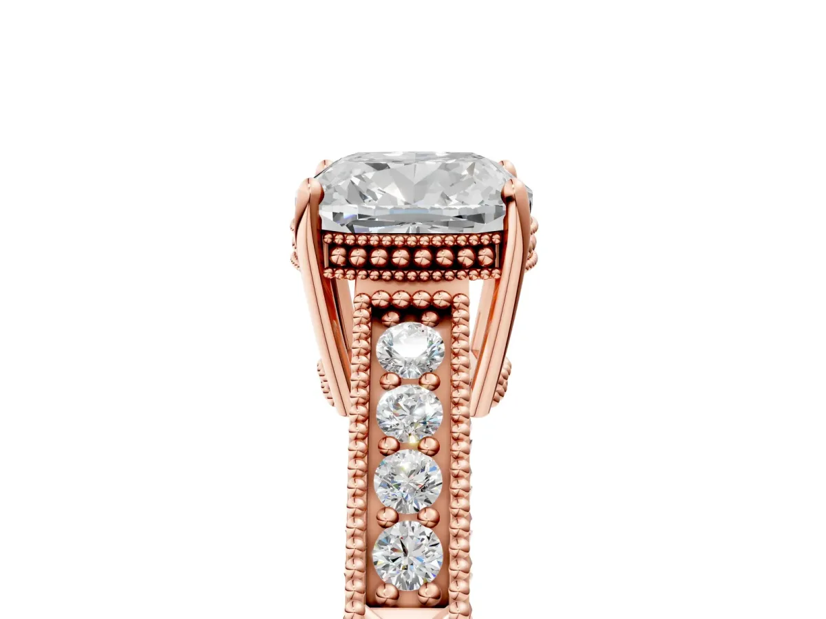 Cushion Cut Cut Diamond Milgrain Pave Band Four-Prong Setting Ring Rose gold