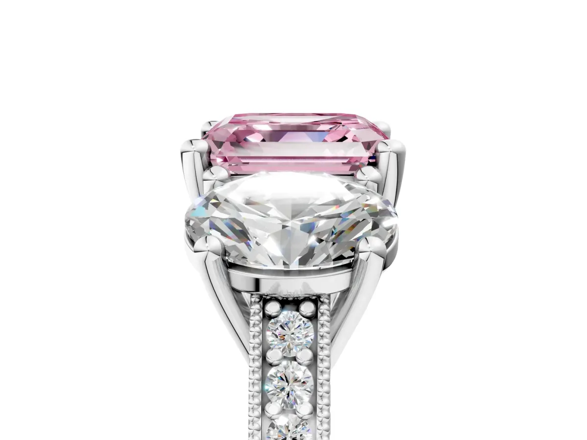 Fancy Pink Three-Stone Asscher Cut Diamond Milgrain Pave Band with Prong Setting Platinum
