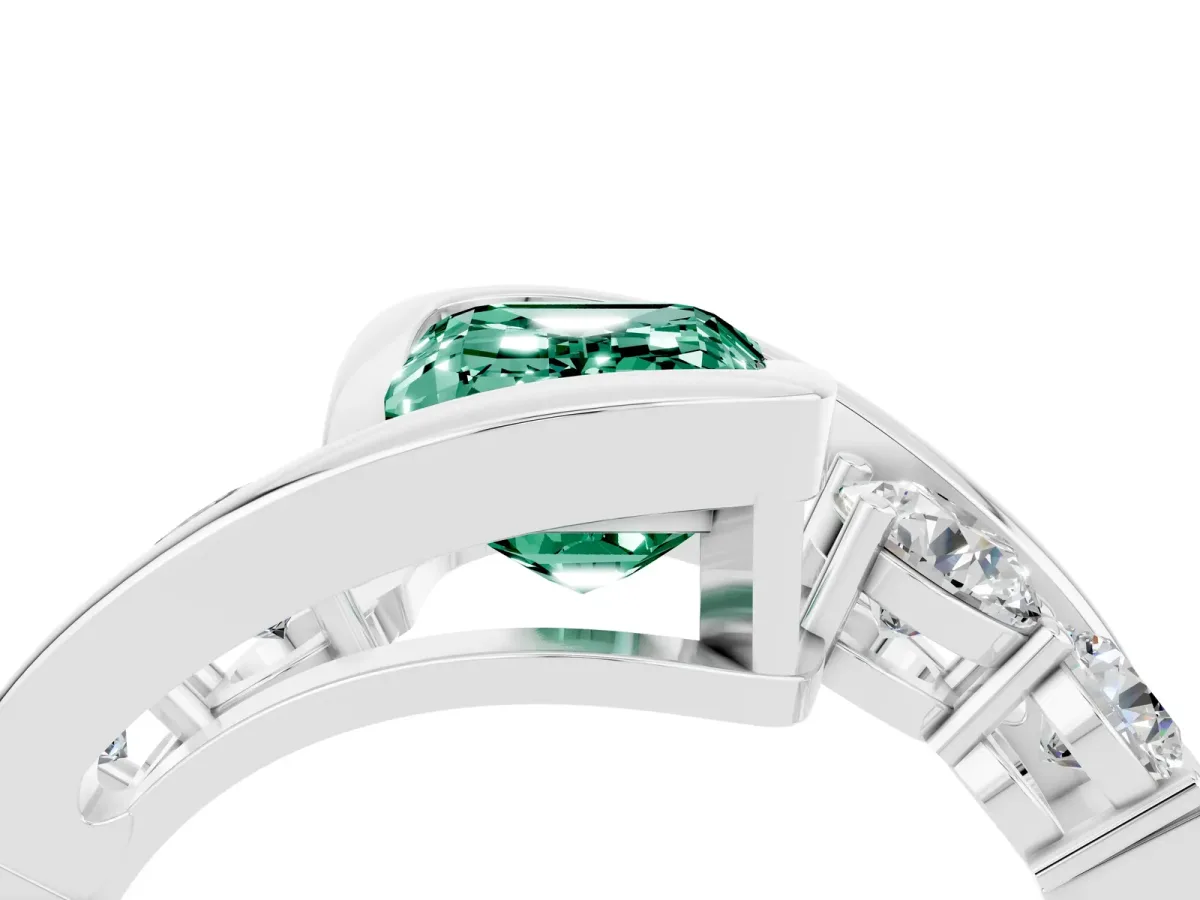 Bezel Set Emerald Cut Green Sapphire Bypass Ring with Round Accents Silver