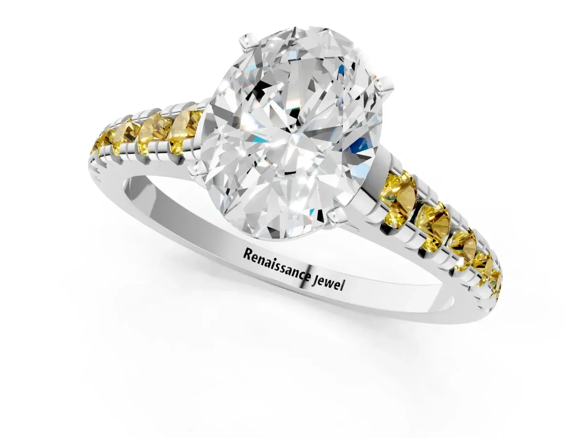 Oval Cut Diamond Cathedral Solitaire Ring with Round Yellow Sapphire Pavé Band Silver