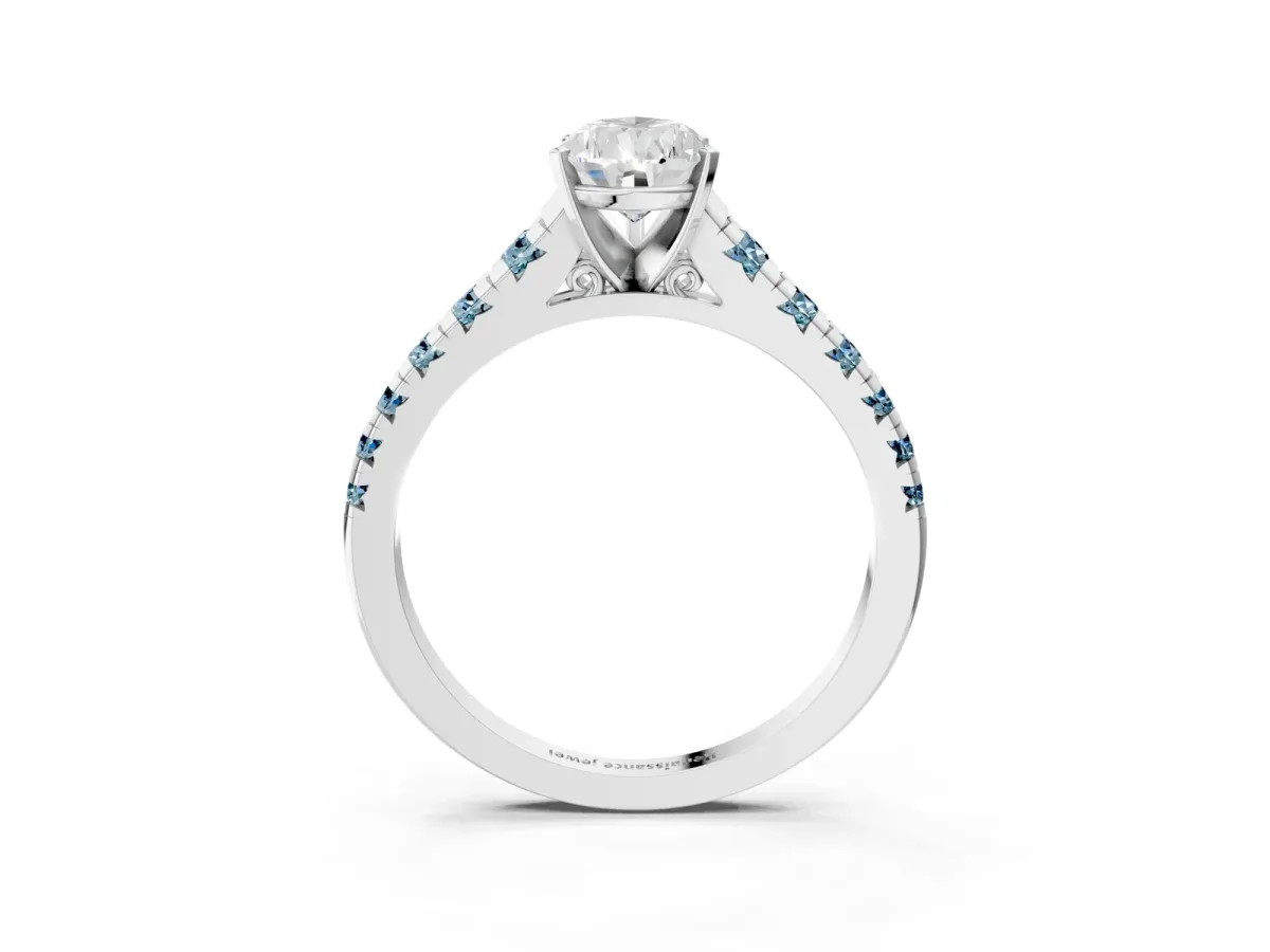 Pear Cut Diamond Cathedral Solitaire Ring with Round Aquamarine Pavé Band Silver