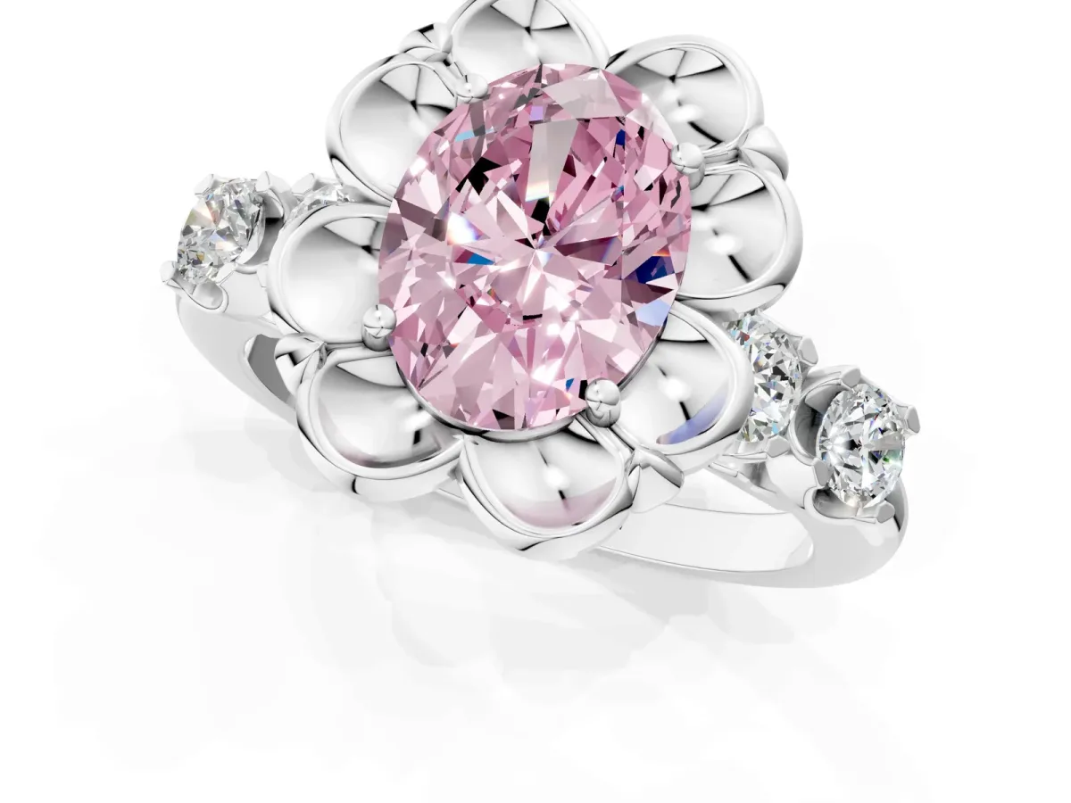 Fancy Pink Oval Cut Cut Diamond Floral Halo Engagement Ring with Shared Prong Setting Silver