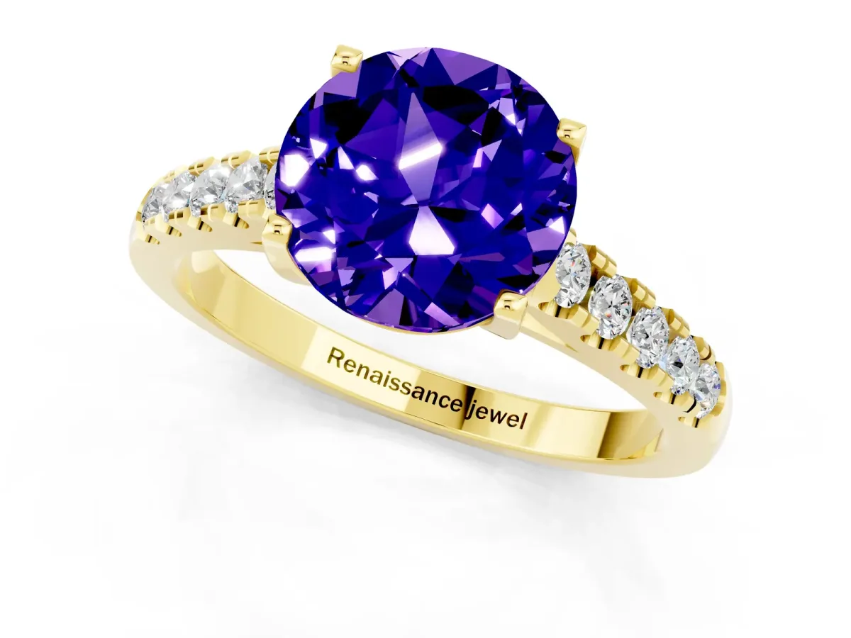 Round Cut Tanzanite Pavé Band Solitaire Ring with Prong Setting Yellow gold