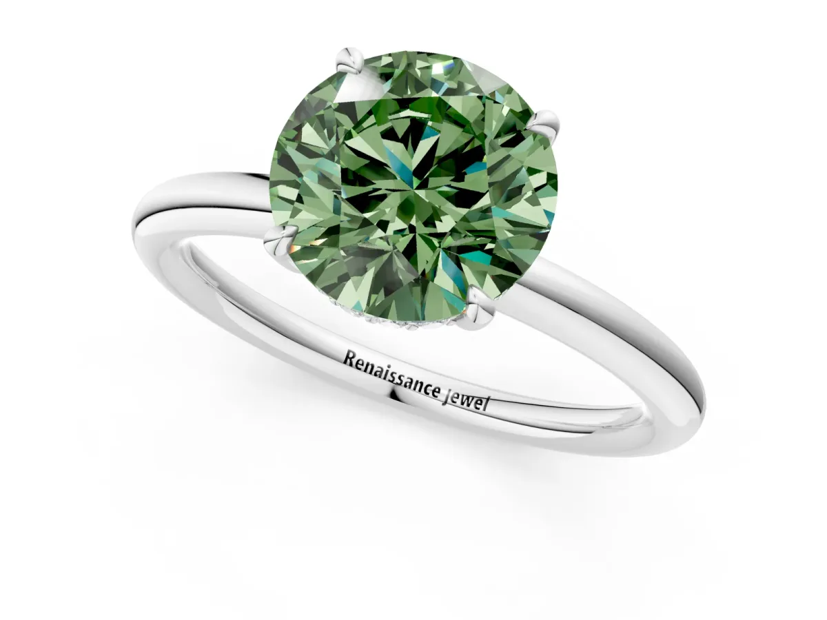 Fancy Green Round Cut Diamond Solitaire Ring with Thin Band and Four-Prong Setting Silver