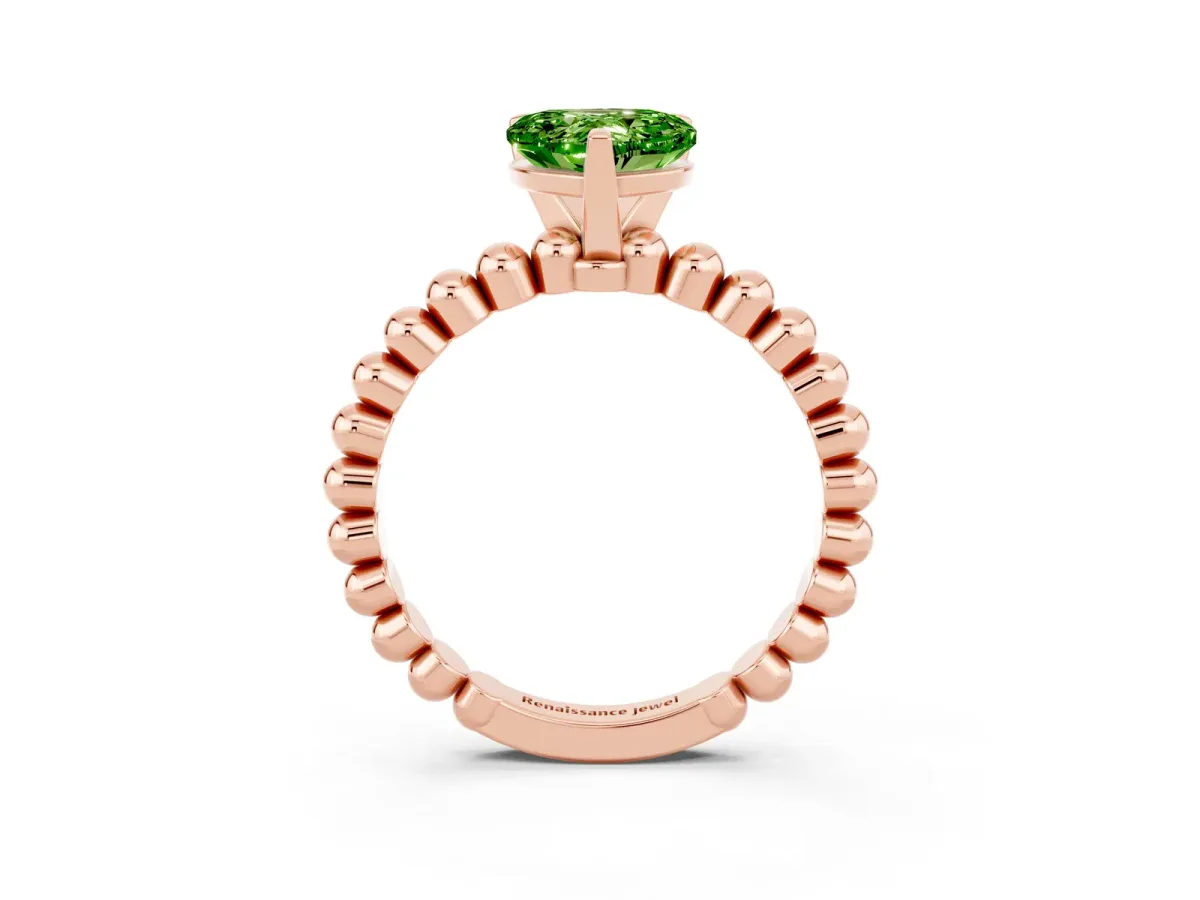 Heart Cut Peridot Solitaire Ring with Beaded Band and Prong Setting Rose gold