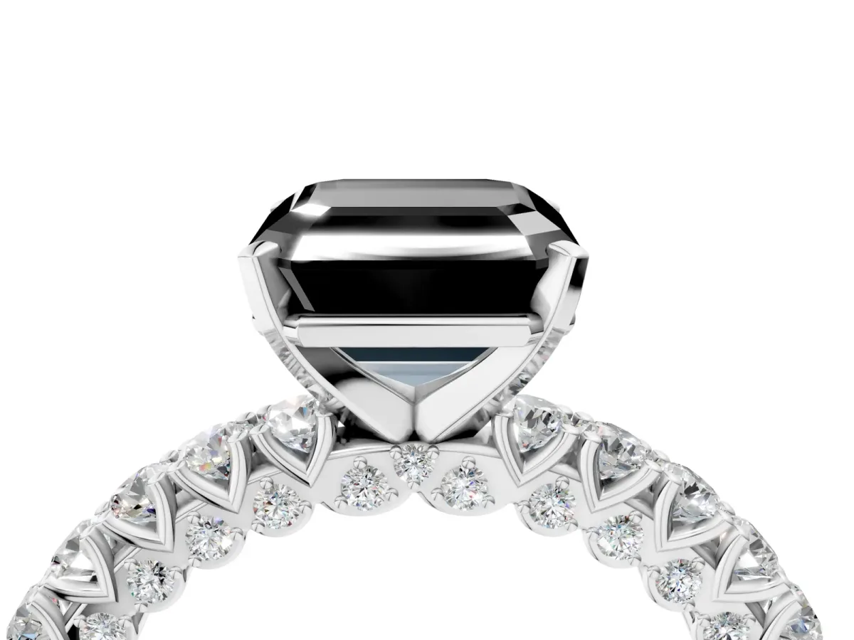 Fancy Black Asscher Cut Diamond Solitaire Ring with Round Accent Pavé Band and Prong Setting Platinum