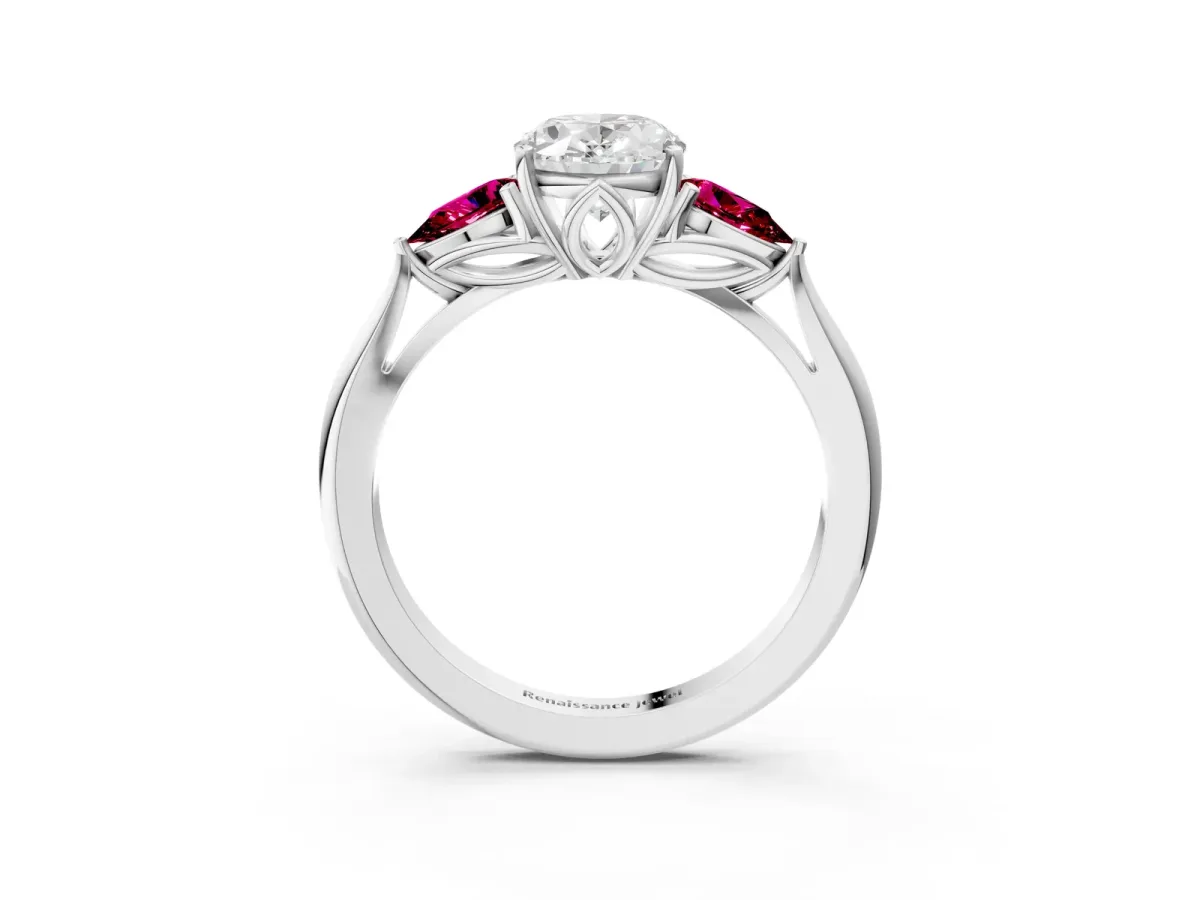 Oval Cut Diamond Three-Stone Ring with Pear Garnet Side Stones and Prong Setting White gold