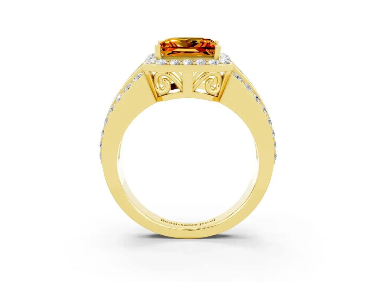 Princess Cut Halo Citrine Ring with Round Split Shank and Prong Setting Yellow gold