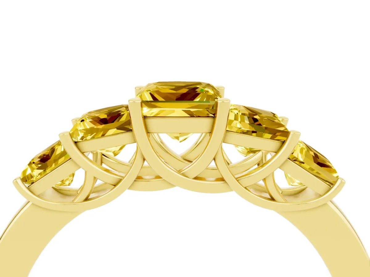 Princess Cut Five-Stone Yellow Sapphire Ring with Classic Prong Setting Yellow gold