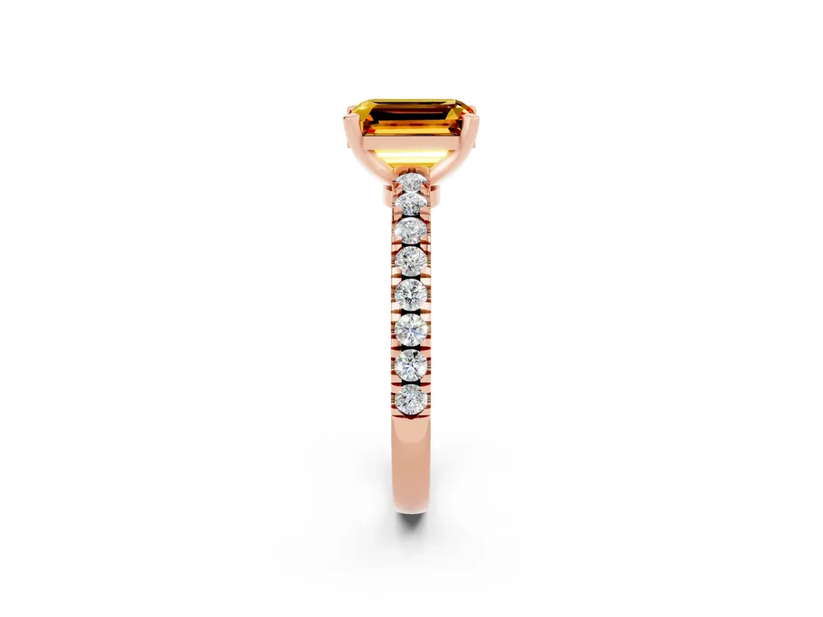 Emerald Cut Solitaire Citrine with Pavé Band and Four-Prong Setting Rose gold